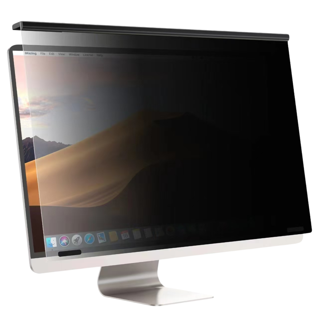A privacy screen filter applied to a desktop monitor, reducing visibility from side angles while maintaining clear frontal view.