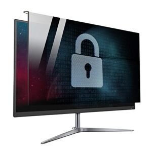 a privacy screen protector for a desktop monitor. The screen protector prevents visual hacking by limiting the viewing angle, ensuring that only the user directly in front of the screen can see the content. It is ideal for maintaining data security in offices, financial institutions, and other professional settings. The sleek design enhances privacy without compromising screen clarity or functionality.